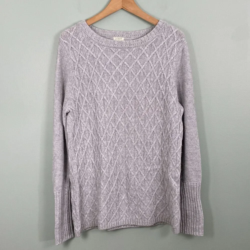 J Crew Cable Knit Sweater Womens Large Gray Wool Blend Cozy Classic Preppy